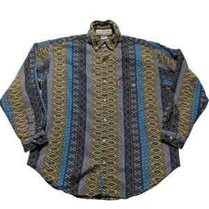 VTG 80s Unionbay Men Small Woven Cotton Tribal Geometric Shirt Nepal Blue Yellow